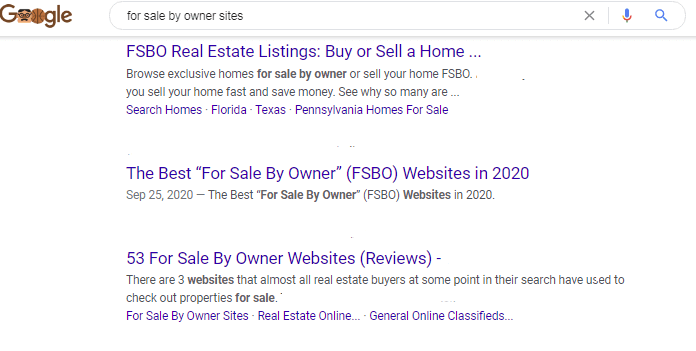 Screen shot of Google search for For Sale By Owner websites